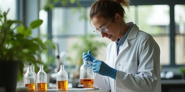 Cosmetic chemist blending botanical extracts in Melbourne laboratory